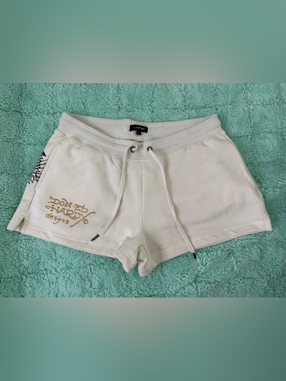 Ed Hardy Cream Women's Athletic Drawstring Shorts with Gold Logo